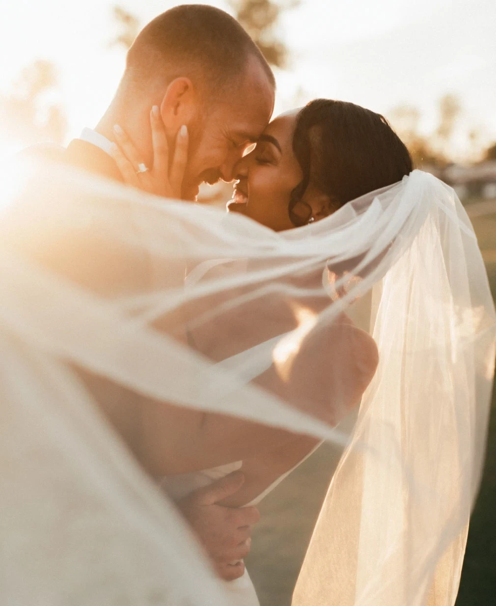 Image of a bride wearing a wedding dress and a groom in suit.