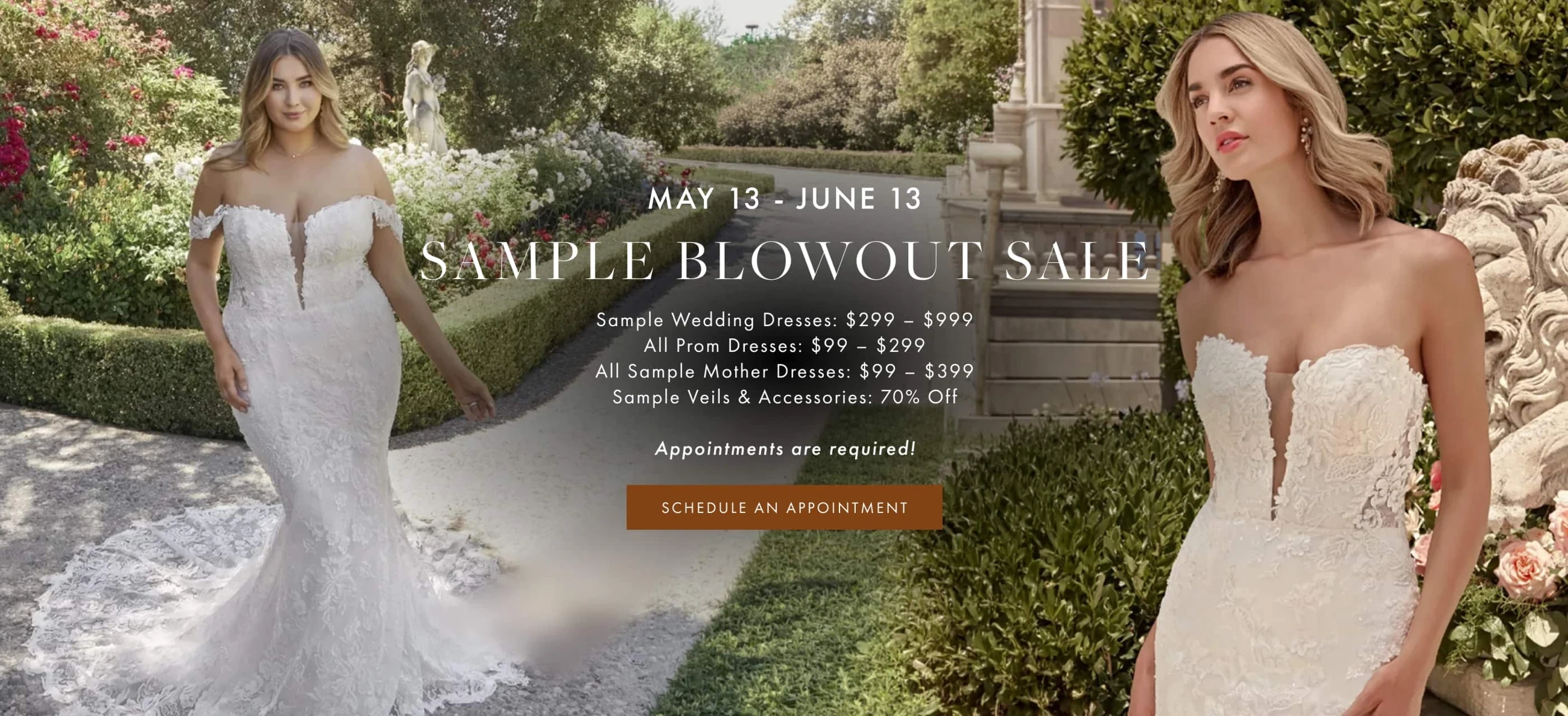 Models wearing Casablanca bridal gowns, Sample Blowout Sale desktop banner